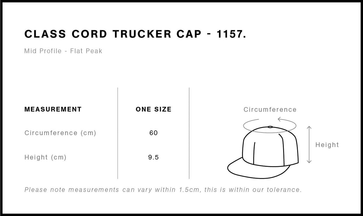 Class Cord Trucker Cap 1157 - Size guide