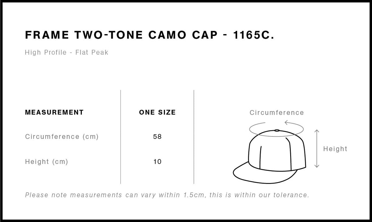 Frame Two-Tone Camo Cap 1165C - Size guide