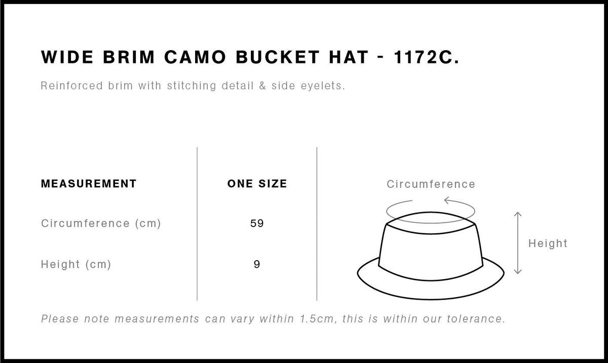 Wide Brim Camo Bucket Hat 1172C - Size guide