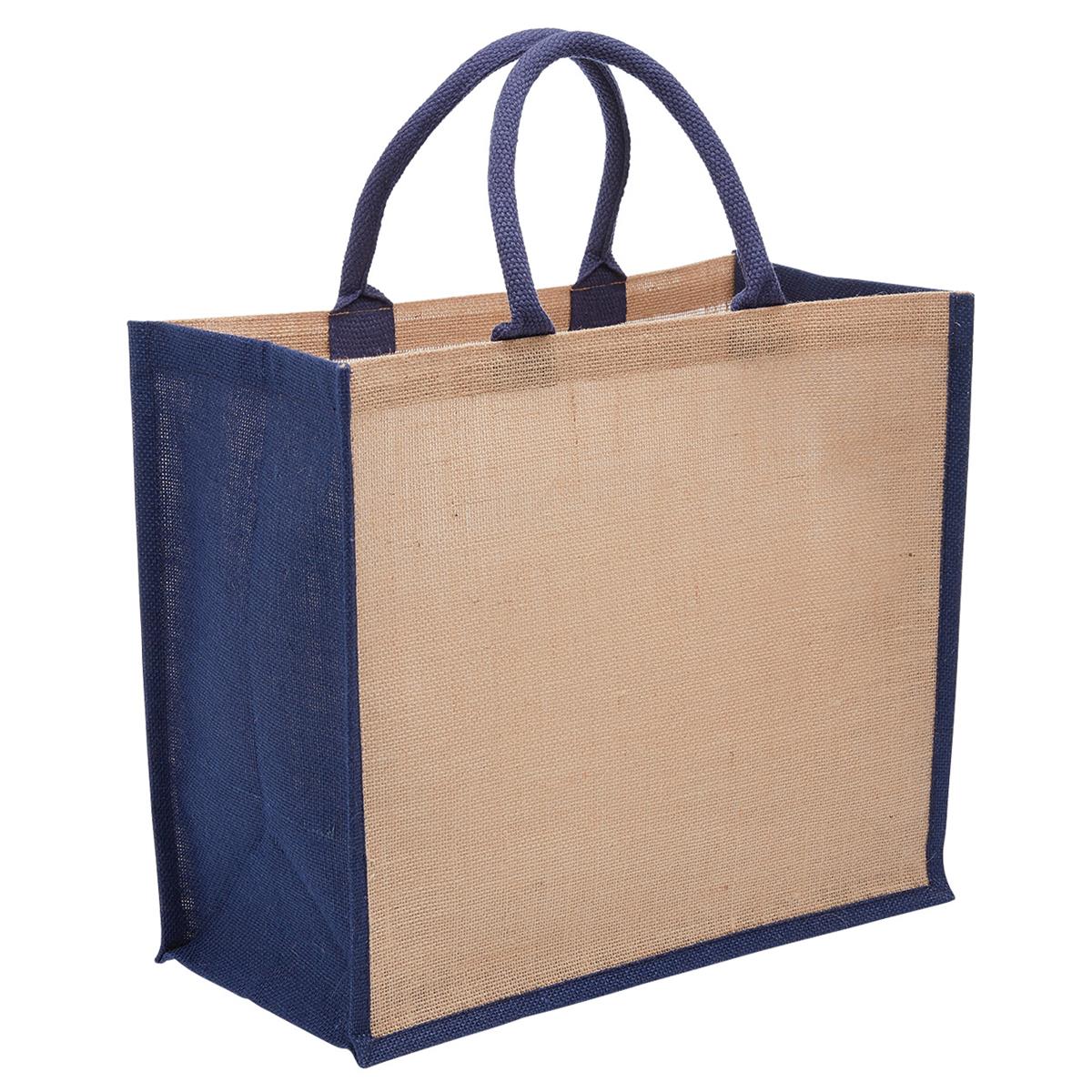 Eco Jute Tote with wide gusset - Natural / Navy - Front