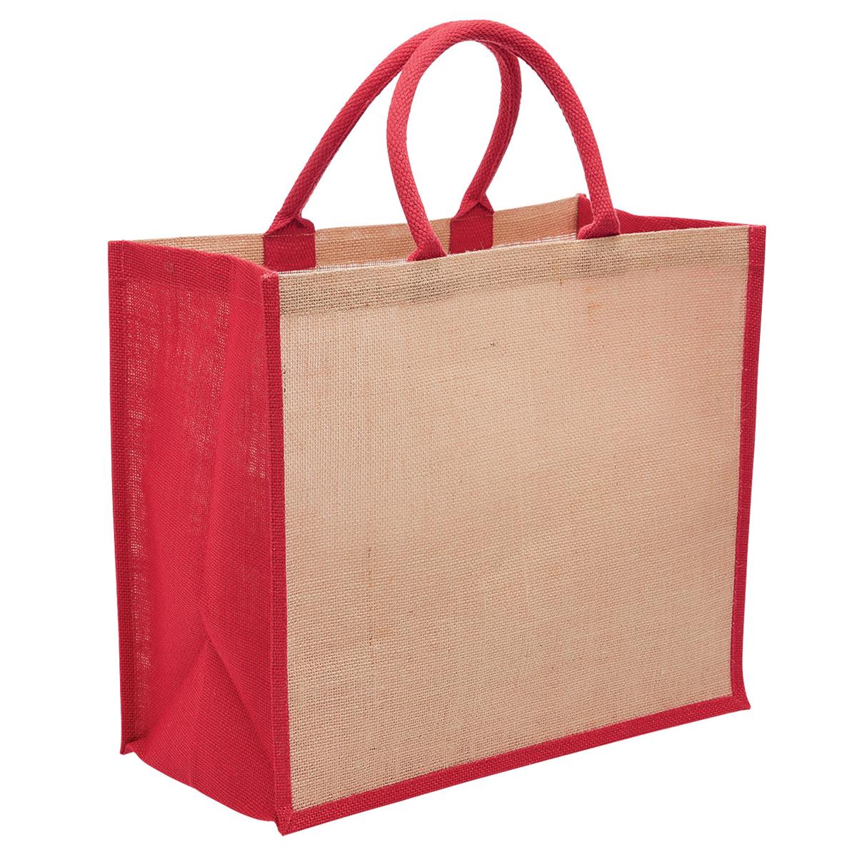 Eco Jute Tote with wide gusset - Natural / Red - Front