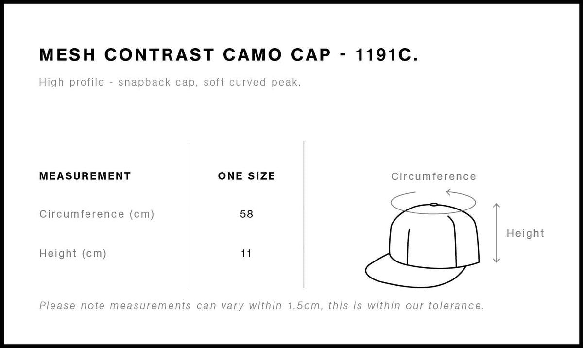Mesh Contrast Camo Cap 1191C - Size guide