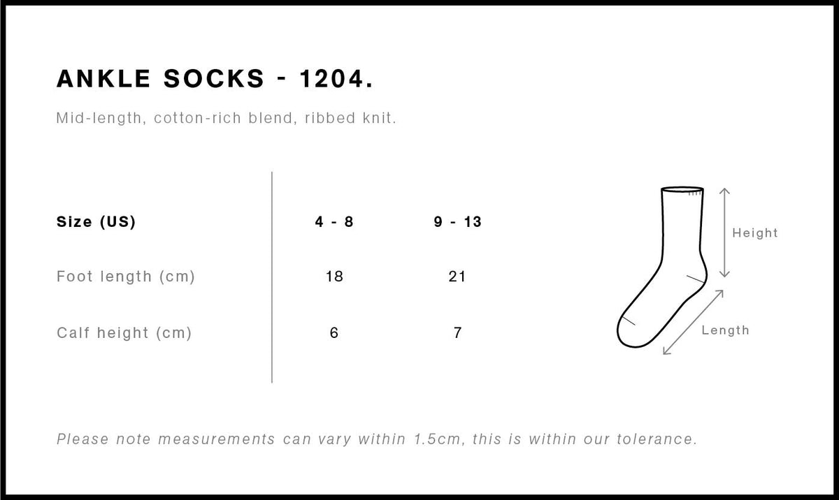 Ankle Socks (2 Pairs) 1204 - Size guide