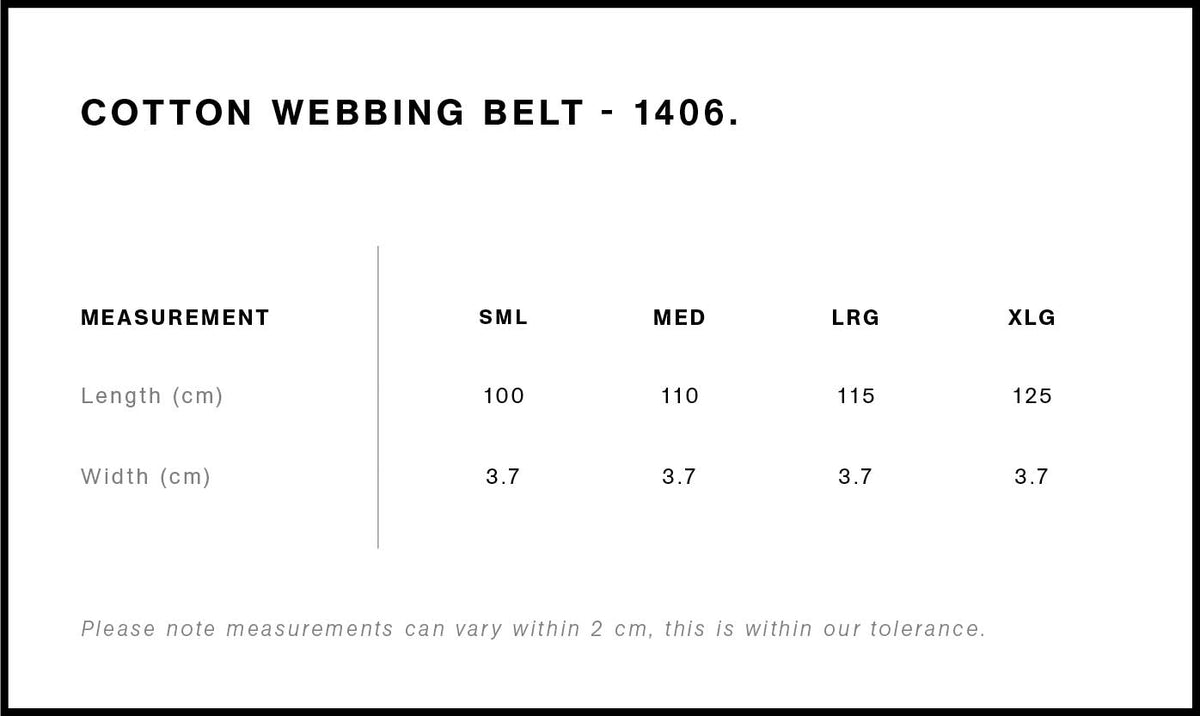 Cotton Webbing Belt 1406 - Size guide