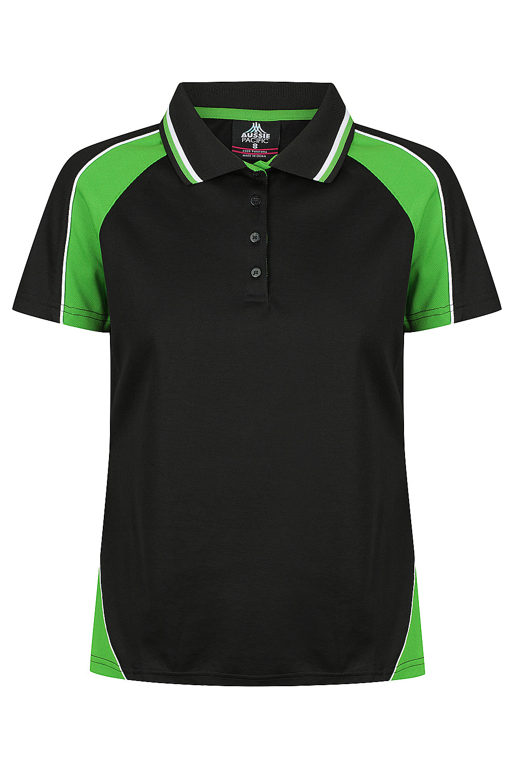 Aussie Pacific Panorama Ladies Polo 2309 - Black/Kawa Green/White