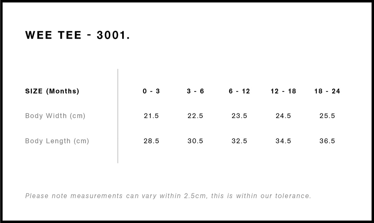 Organic Infant Wee Tee 3001 - Size guide