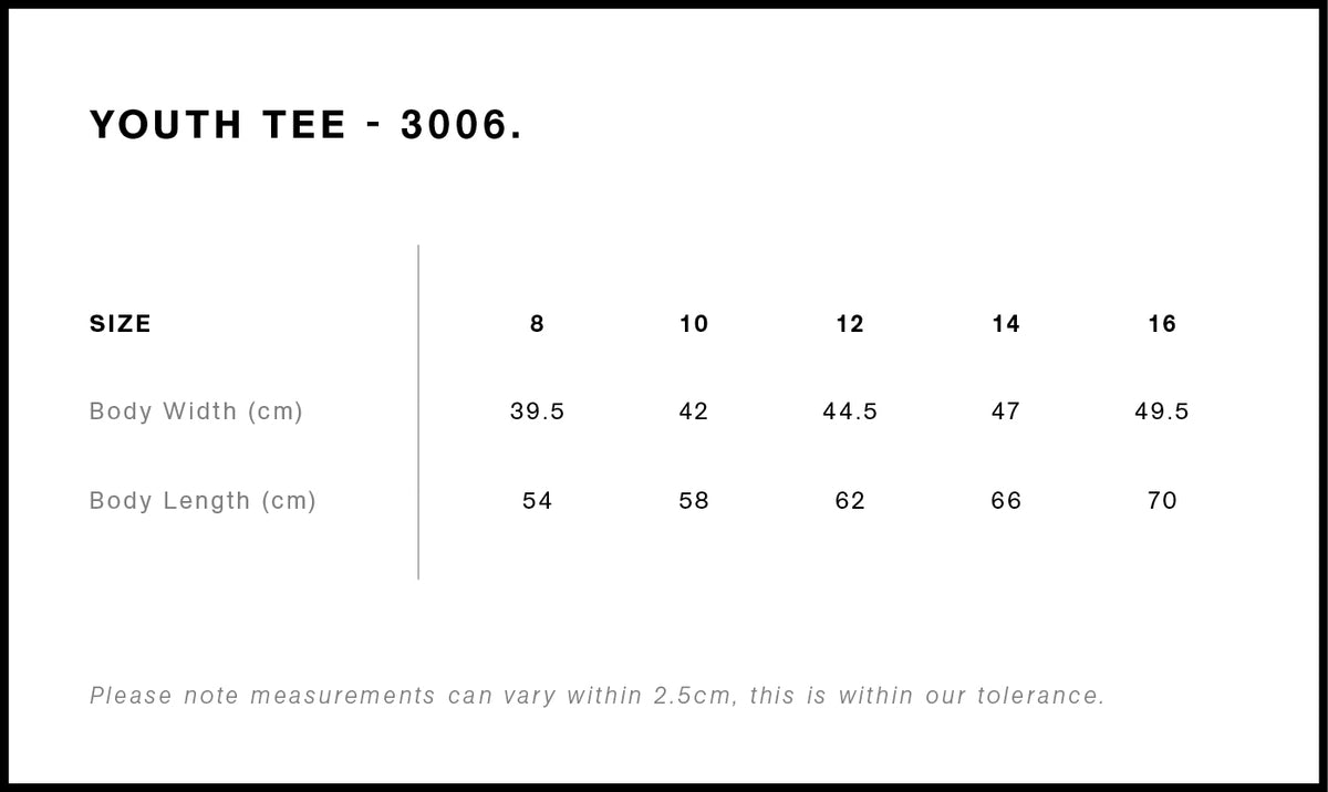 Youth Staple Tee 3006 - Size guide