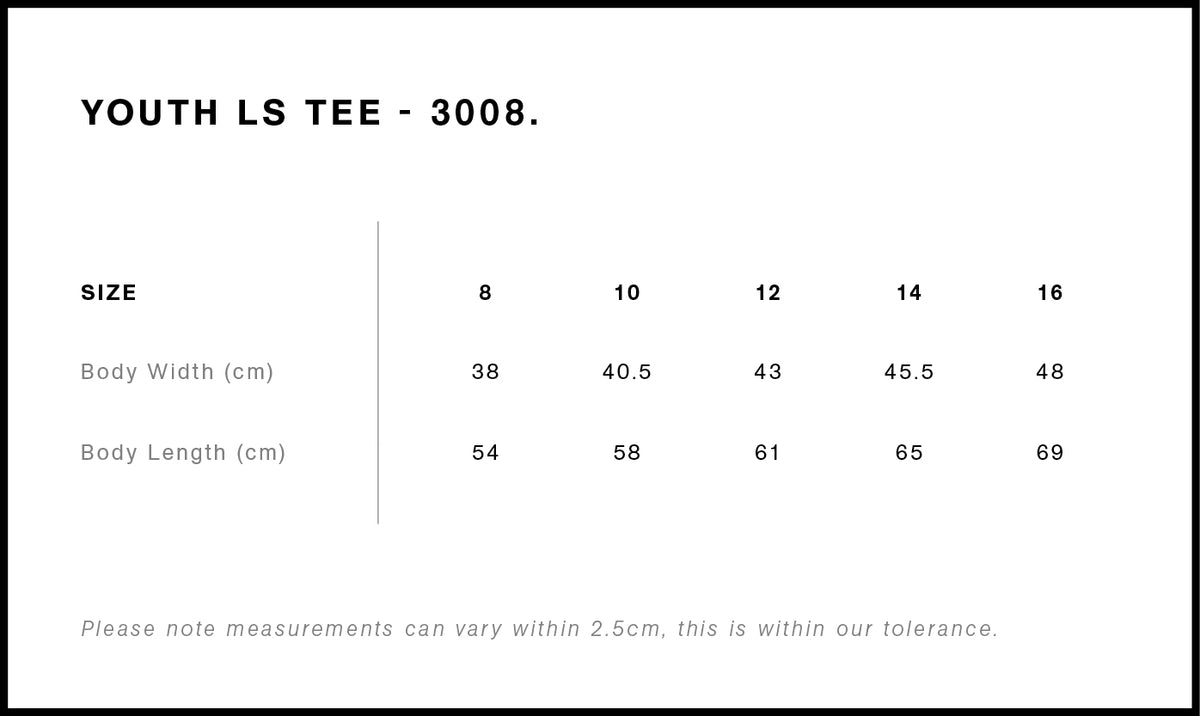 Youth Staple L/S Tee 3008 - Size guide