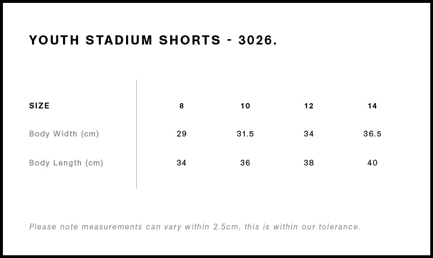 Youth Stadium Shorts 3026 - Size guide