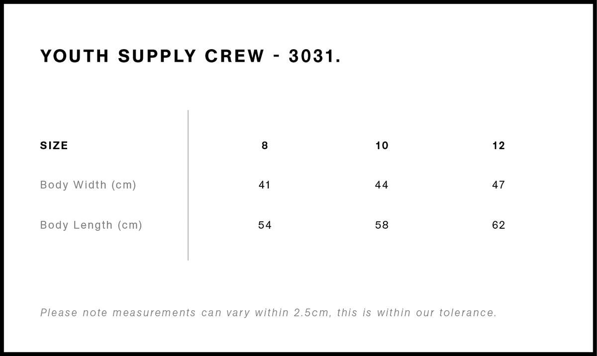 Youth Supply Crew 3031 - Size guide