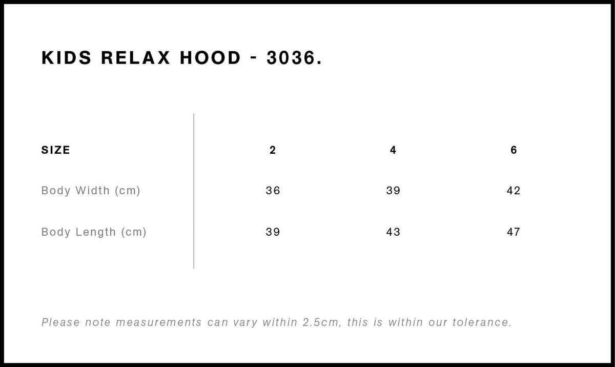 Kids Relax Hood 3036 - Size guide