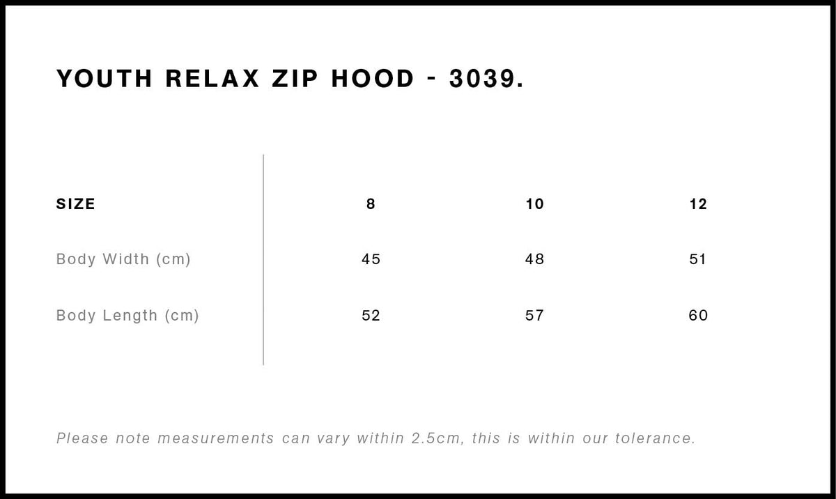 Youth Relax Zip Hood 3039 - Size guide