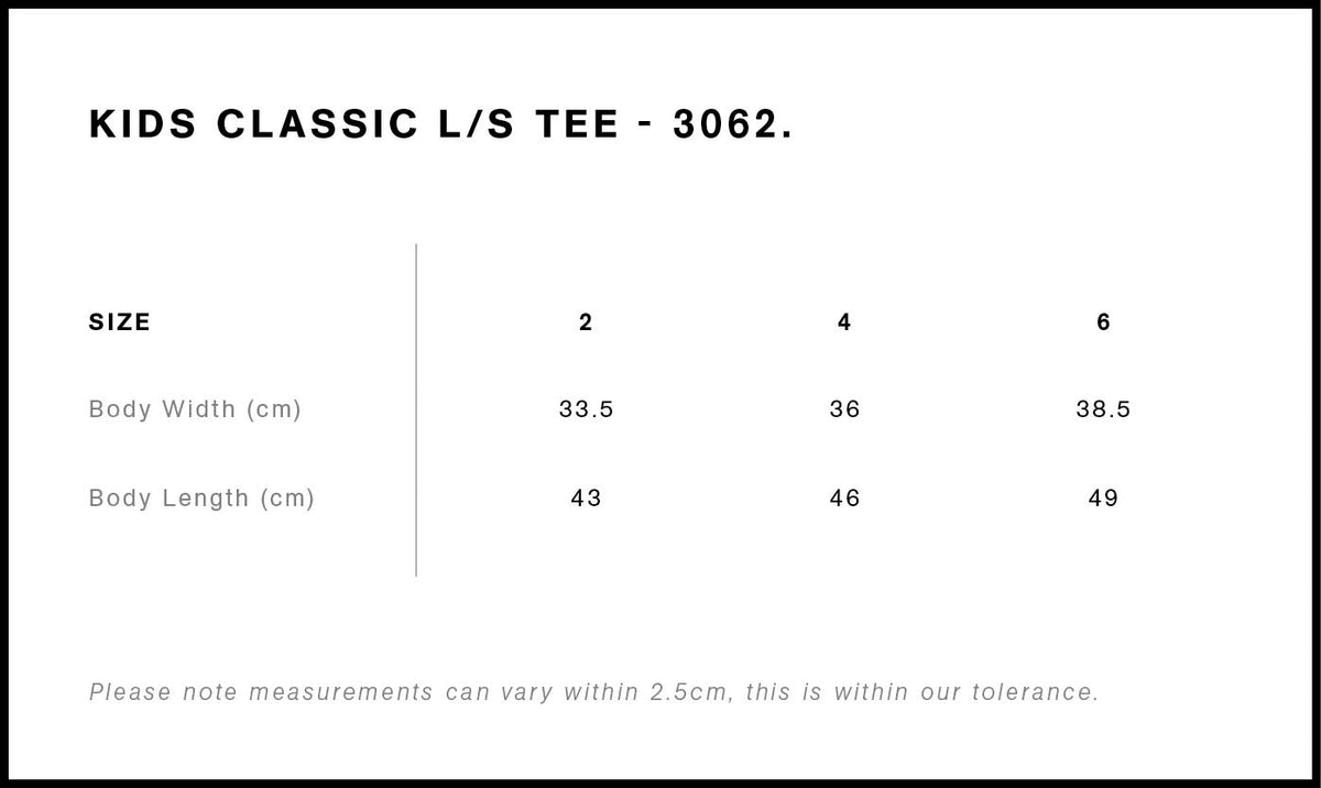 Kids Classic L/S Tee 3062 - Size guide