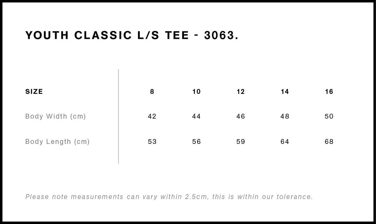 Youth Classic L/S Tee 3063 - Size guide