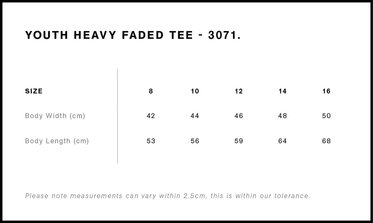 Youth Heavy Faded Tee 3071 - Size guide