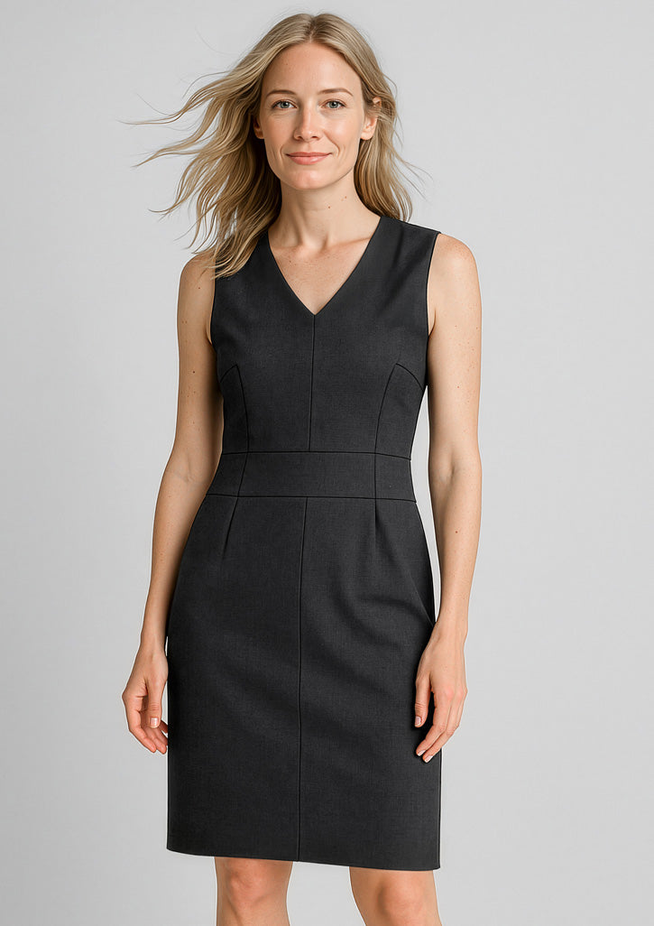 Comfort Wool Stretch Womens Sleeveless V-Neck Dress - Black - Model