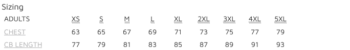 JB's Rain Jacket - size chart