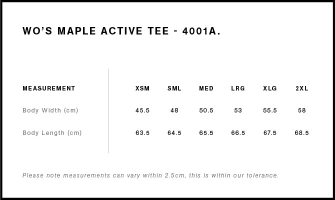 Wo's Maple Active Tee 4001A - Size guide