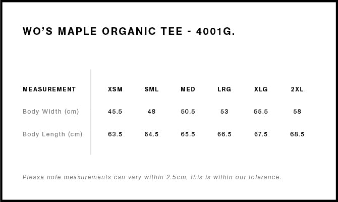 Wo's Maple Organic Tee 4001G - Size guide