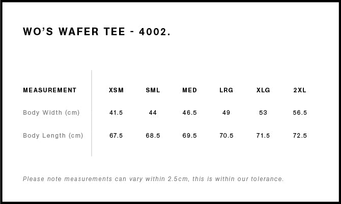 Wo's Wafer Tee 4002A - Size guide