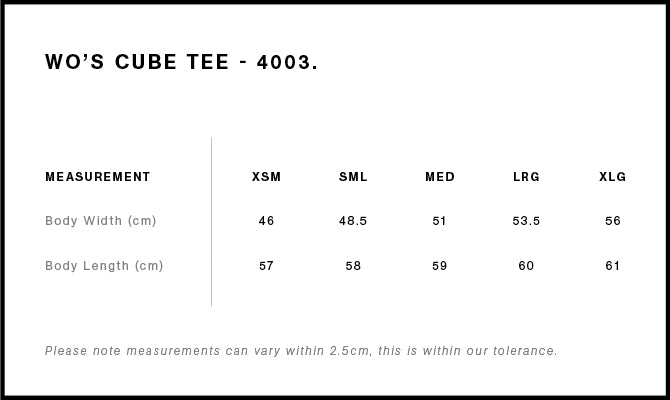 Wo's Cube Tee 4003S - Size guide