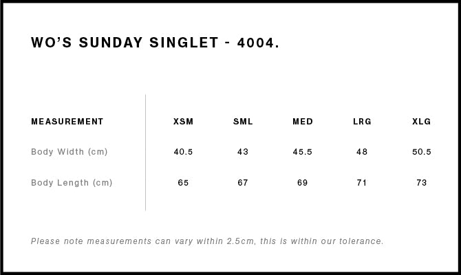 Wo's Sunday Singlet 4004S - Size guide
