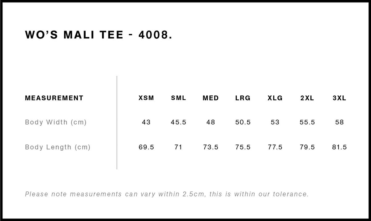 Wo's Mali Tee 4008 - Size guide