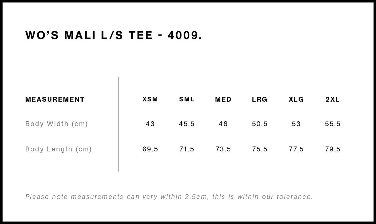 Wo's Mali L/S Tee 4009 - Size guide