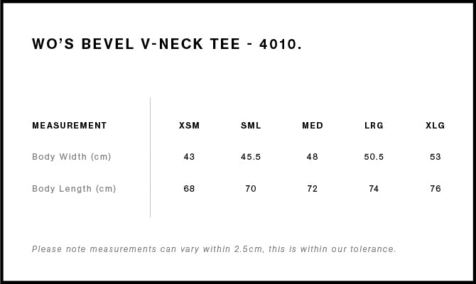 Wo's Bevel V Neck Tee 4010S - Size guide
