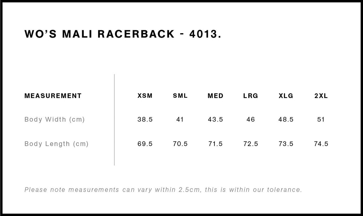 Wo's Mali Racerback 4013 - Size guide