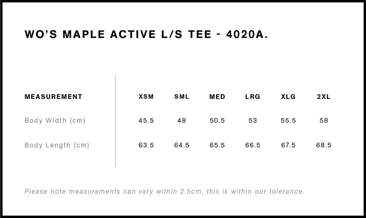 Wo's Maple Active L/S Tee 4020A - Size guide