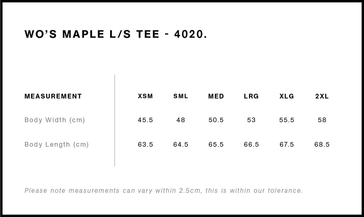 Wo's Maple L/S Tee 4020 - Size guide