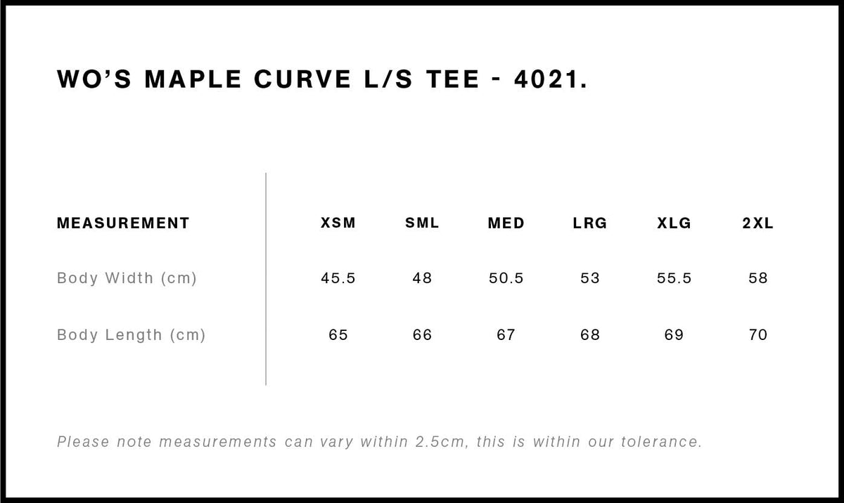 Wo's Maple Curve L/S Tee 4021 - Size guide