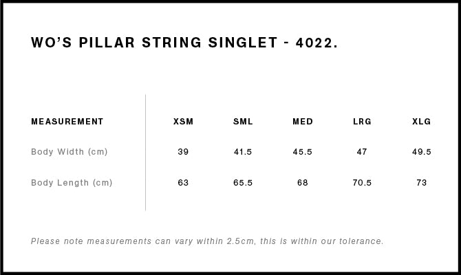 Wo's Pillar String Singlet 4022S - Size guide
