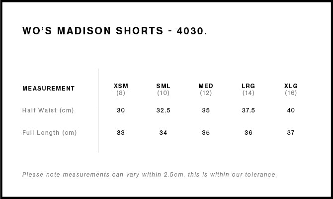 Madison Shorts 4030S - Size guide