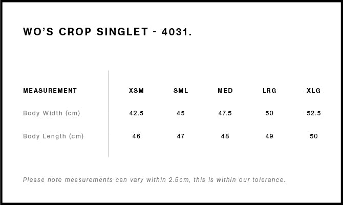 Wo's Crop Singlet 4031S - Size guide