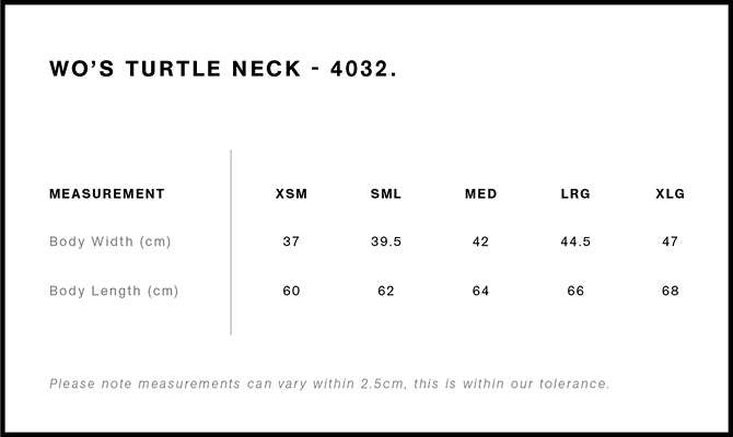 Wo's Turtle Neck 4032S - Size guide
