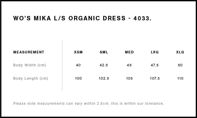 Wo's Mika Organic L/S Dress 4033 - Size guide