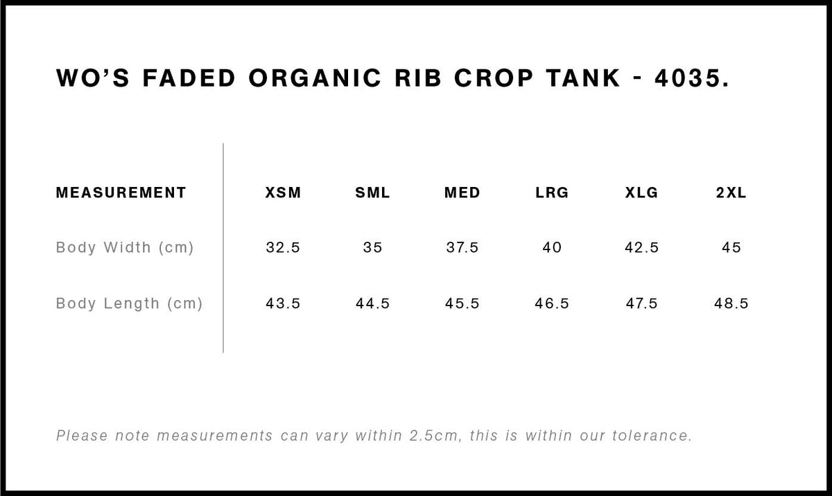 Wo's Faded Organic Rib Crop Tank 4035 - Size guide