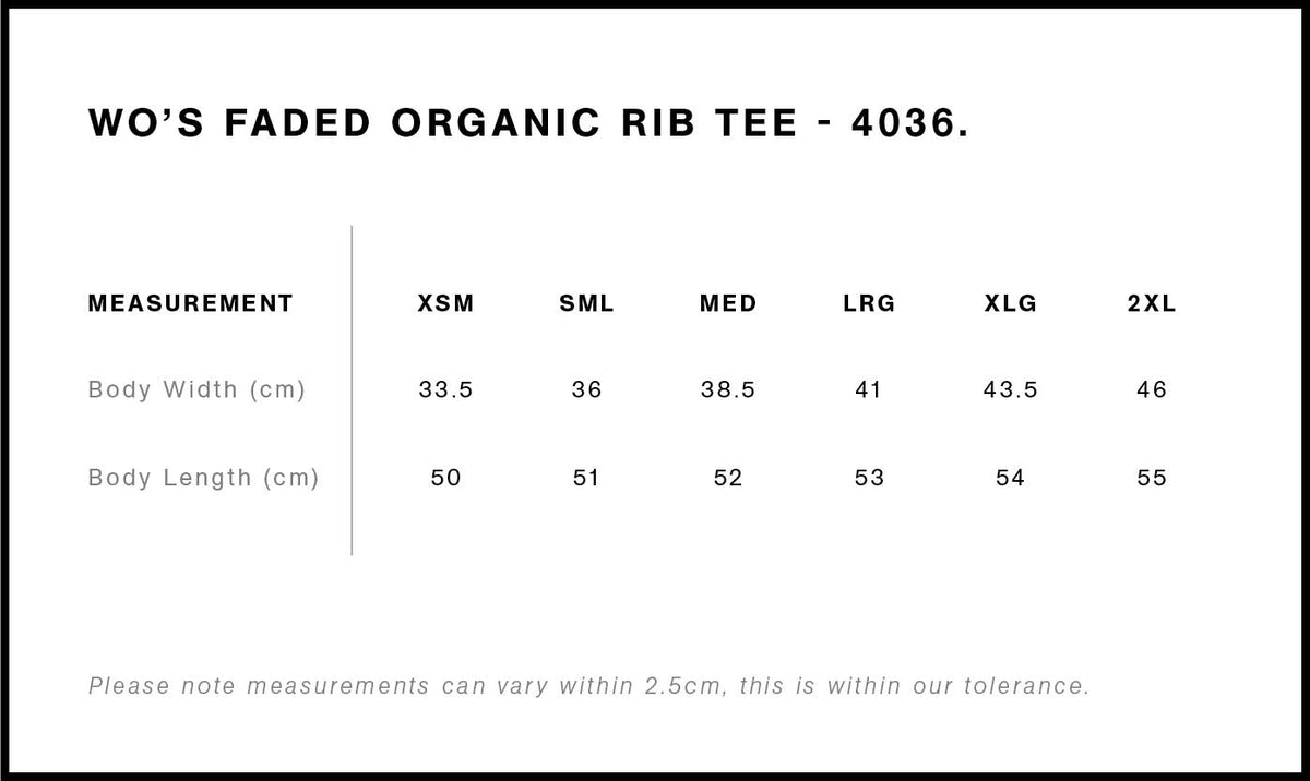 Wo's Faded Organic Rib Tee 4036 - Size guide
