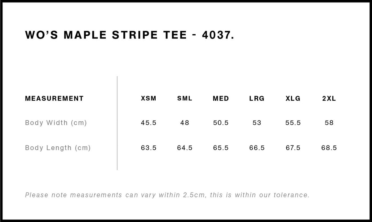 Wo's Maple Stripe Tee 4037 - Size guide