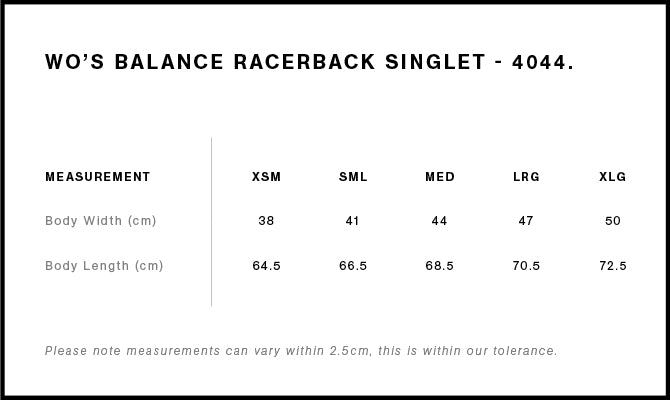 Wo's Balance Racerback Singlet 4044S - Size guide