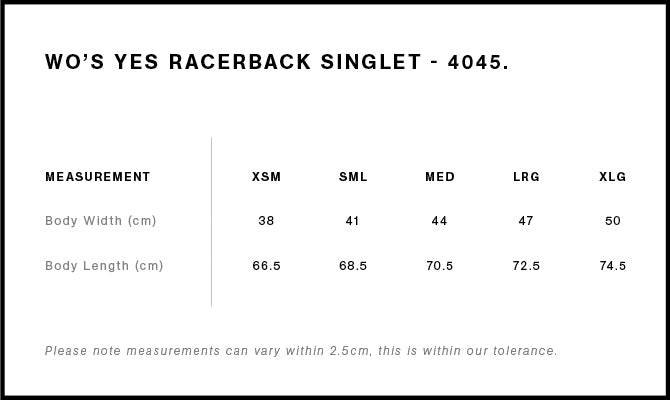 Wo's Yes Racerback Singlet 4045 - Size guide