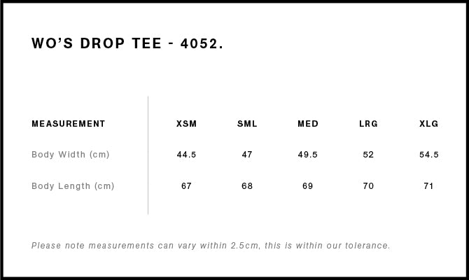 Wo's Drop Tee 4052S - Size guide