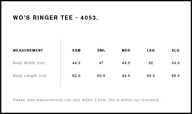 Wo's Maple Ringer Tee 4053 - Size guide