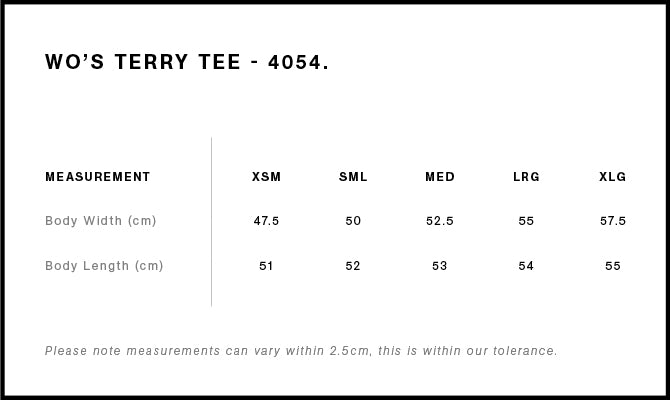 Wo's Terry Tee 4054S - Size guide