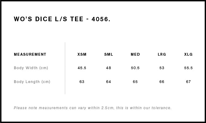 Wo's Dice L/S Tee 4056 - Size guide