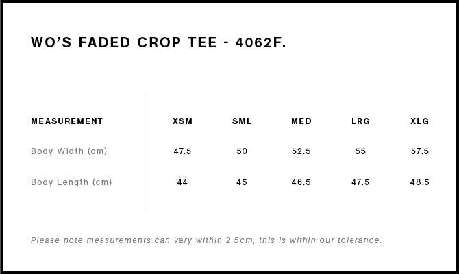 Wo's Faded Crop Tee 4062F - Size guide