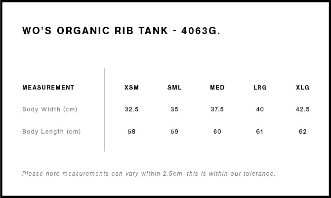 Wo's Organic Rib Tank 4063G - Size guide