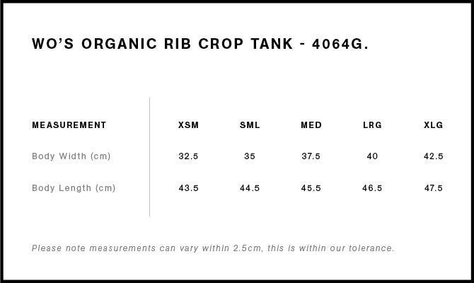 Wo's Organic Rib Crop Tank 4064G - Size guide